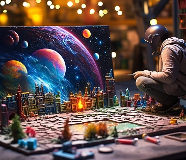 Een man zit op een tafel, met op de achtergrond een ruimtebeeld met sterren en planeten.