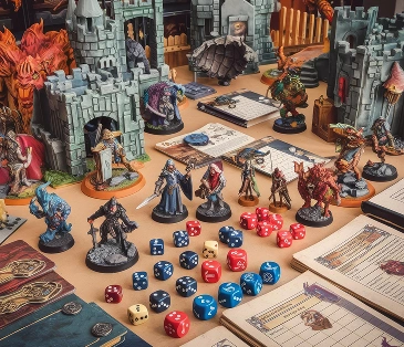 Een tafel vol met bordspellen en een set dobbelstenen.