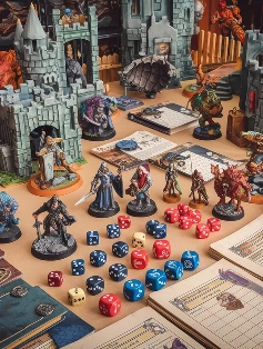 Een tafel vol met bordspellen en een set dobbelstenen.