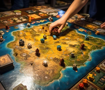 De spelers zijn in de ban van dit strategische bordspel, dat zich afspeelt op een gedetailleerde fantasiekaart met diverse speelstukken en kaarten, die samenwerking of competitie op het speelveld aangeven.