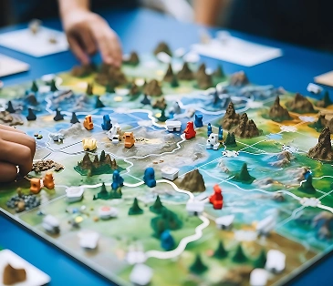 Op de afbeelding is een kleurrijk bordspel te zien met miniatuurfiguurtjes die steden, bergen en wegen voorstellen. De spelers verplaatsen de stukken over het bord en bedenken zo hun eigen spelstrategie.
