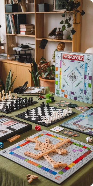 Een tafeltje met het spel Monopoly en diverse bordspellen ernaast.