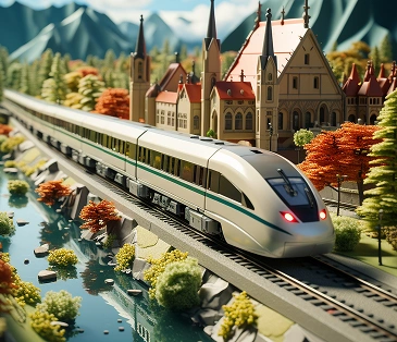 Een elegante, moderne trein rijdt over de rails langs de rivier en passeert een statige kathedraal, omringd door herfstbomen en bergen in de verte.
